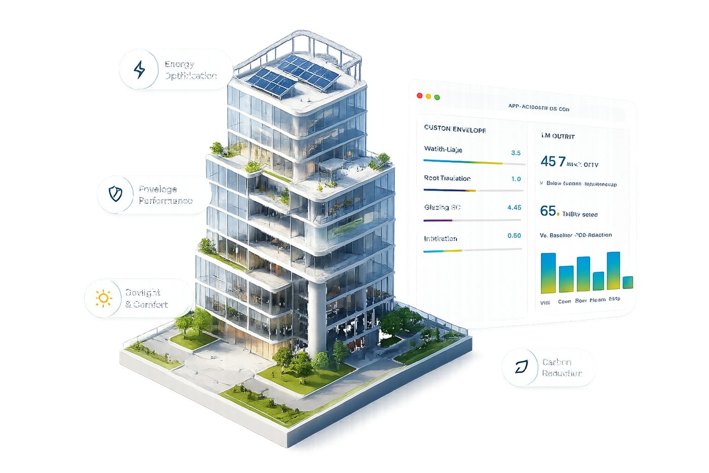 Zero Optimize app preview — 3D building with floating Energy/Envelope/Daylight/Carbon chip cards and live dashboard