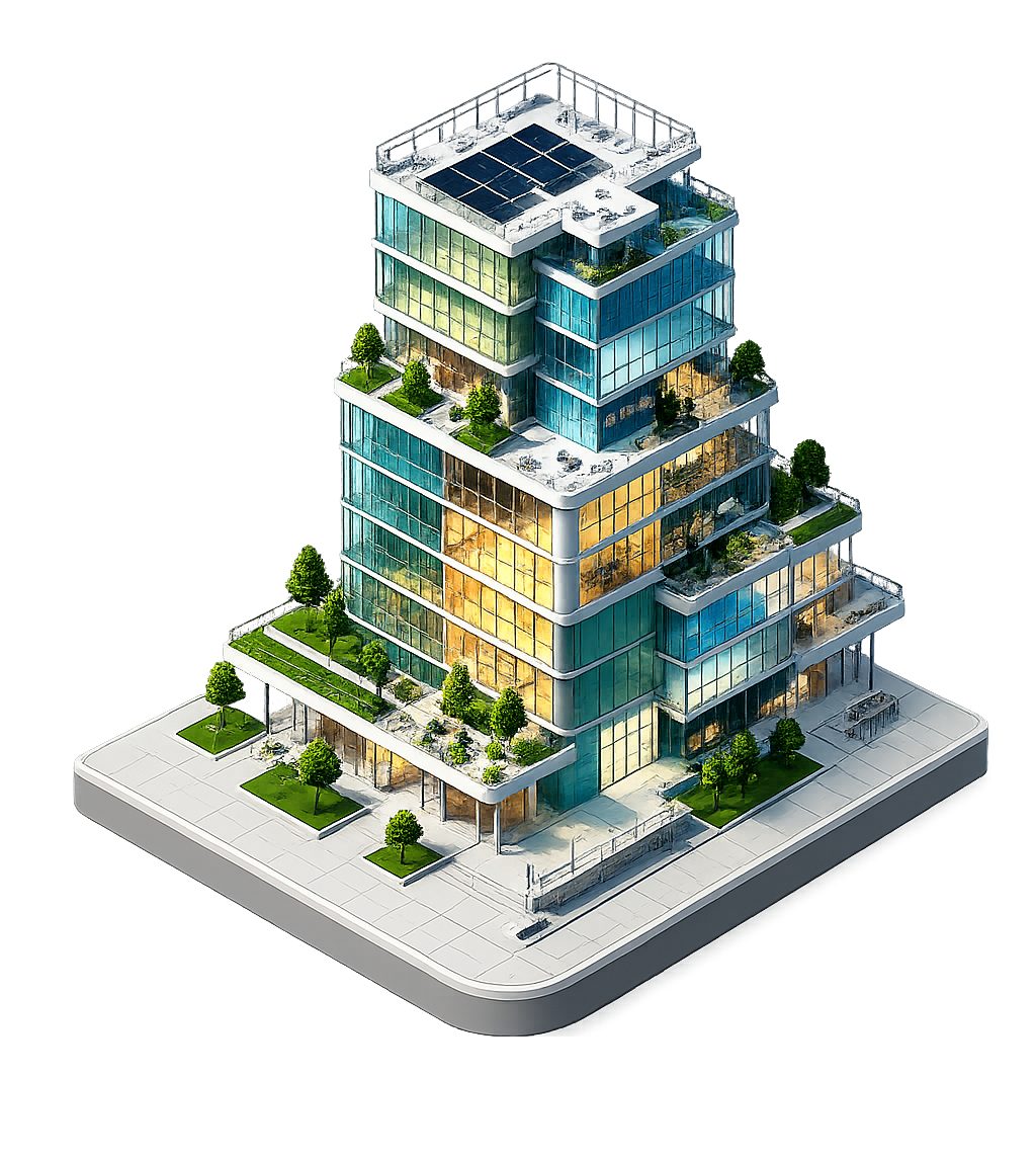 Modern net-zero building — solar panels, glass facade, terraces with greenery